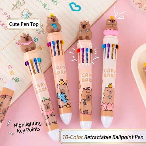 Penna a Sfera Multicolore Capibara Cartone Animato Carino Retrattile Multifunzionale Penna di Plastica per Studente Ufficio Cartoleria