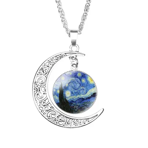 Vintage Alloy Crescent Moon Pendant Necklace Famous Oil Painting Art Jewelry Gift For Women