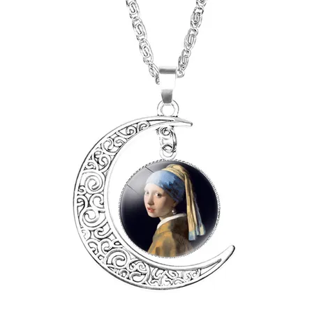 Vintage Alloy Crescent Moon Pendant Necklace Famous Oil Painting Art Jewelry Gift For Women