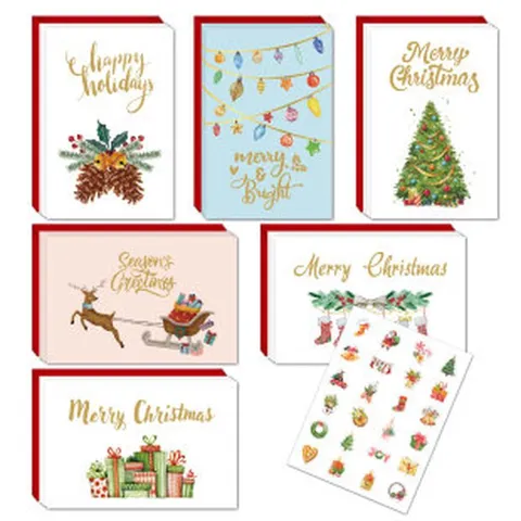 Gold Foil Christmas Greeting Card Set With Red Envelopes Stickers Merry Christmas Happy Holidays Cards For Party Gifting