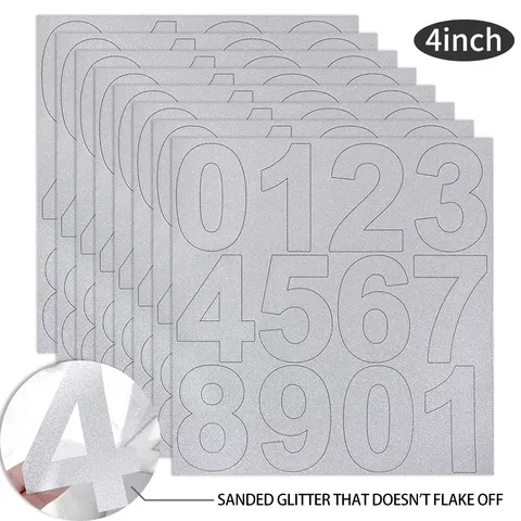 4 Inch Silver Glitter Vinyl Number Stickers Waterproof Frosted PVC Letter Numbers For Mailbox Identification Cargo Classification Address Outside Signs Labels