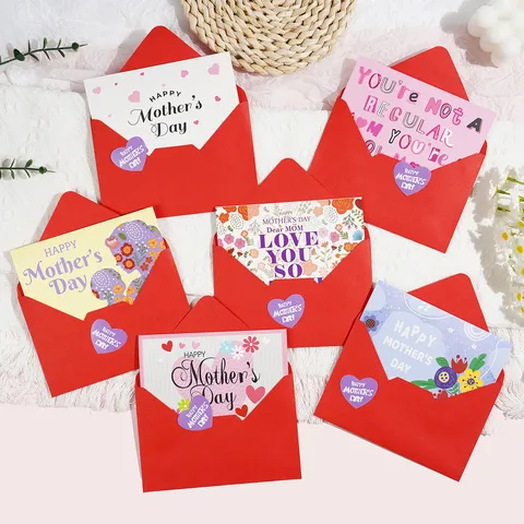 Romantic Mother's Day Greeting Cards With Red Envelopes Floral Heart Pattern Thank You Notes For Mom Birthday Gift