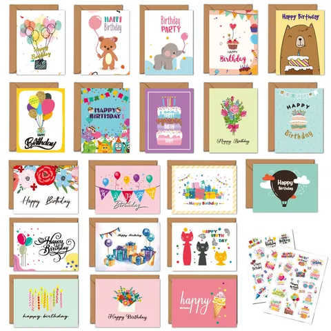 Simple Modern Printed Paper Birthday Greeting Card Set Cartoon Style Holiday Message Cards With Envelopes Stickers Accessories For Kids Party Gifts
