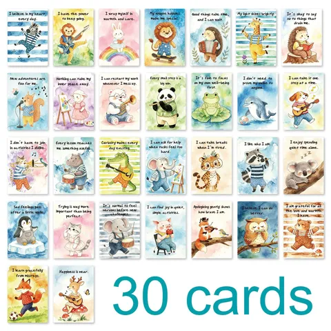Kids SEL Affirmation Cards Set Hand-Drawn Watercolor Cartoon Animal Mindfulness Emotional Regulation Positive Educational Flashcards For Children Learning