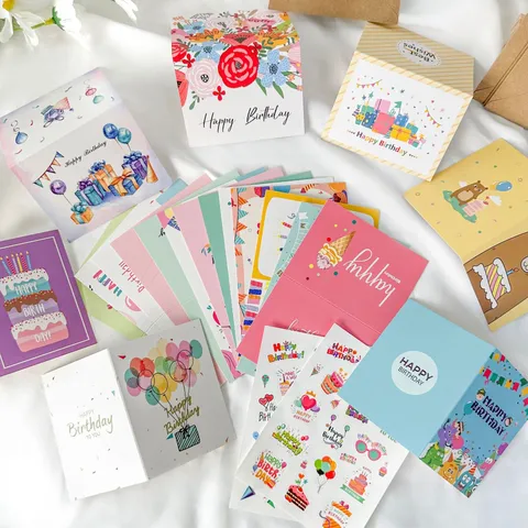 Simple Modern Printed Paper Birthday Greeting Card Set Cartoon Style Holiday Message Cards With Envelopes Stickers Accessories For Kids Party Gifts