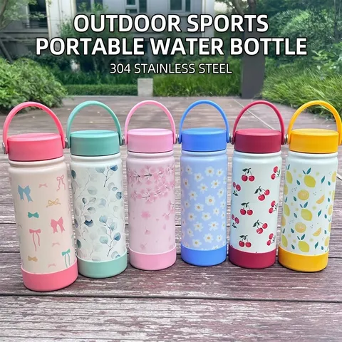Bouteille Isotherme en Acier Inoxydable 304 Grande Capacité Gourde de Sport Portable Avec Poignée Motif Floral Bouilloire de Voyage Extérieur