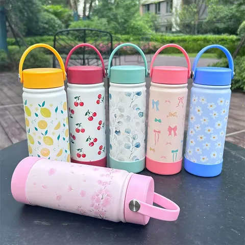 Bouteille Isotherme en Acier Inoxydable 304 Grande Capacité Gourde de Sport Portable Avec Poignée Motif Floral Bouilloire de Voyage Extérieur