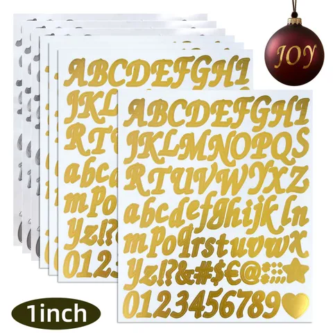 Gold Silver Bronzing Alphabet Number Stickers Vintage Vinyl Self-Adhesive Letters Numbers Decals for Holiday Gift Greeting Card DIY Decor