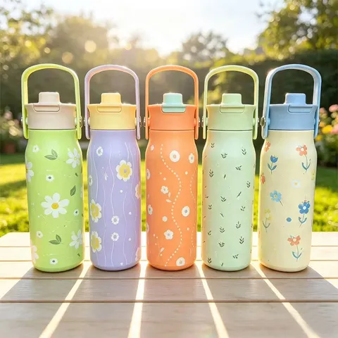 Bicchiere Termico in Acciaio Inossidabile 304 Con Manico Cannuccia Portatile Motivo Floreale Grande Capacità Borraccia Sport