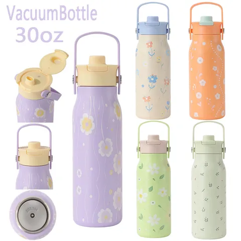 Bicchiere Termico in Acciaio Inossidabile 304 Con Manico Cannuccia Portatile Motivo Floreale Grande Capacità Borraccia Sport