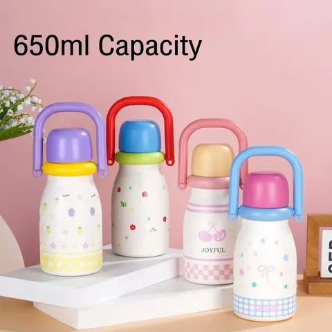 316 Stainless Steel Large Capacity Water Bottle With Straw Portable Handle Cute Cartoon Big Belly Vacuum Flask Double Drinking Cup