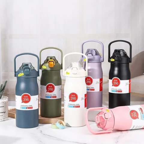 Große Kapazität 316 Edelstahl Thermoskanne Tragbare Sport Wasserflasche Mit Griff Strohhalm Schloss Für Outdoor Gym Auto