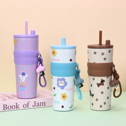 Bouteille Isotherme en Acier Inoxydable 316 Gourde Isolé de Grande Capacité Avec Paille et Corde de Transport Portable Tasse de Voyage à Motif de Dessin Animé pour Hommes Femmes Enfants