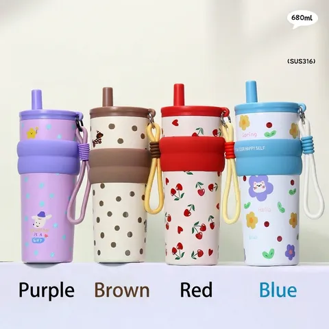 Bouteille Isotherme en Acier Inoxydable 316 Gourde Isolé de Grande Capacité Avec Paille et Corde de Transport Portable Tasse de Voyage à Motif de Dessin Animé pour Hommes Femmes Enfants