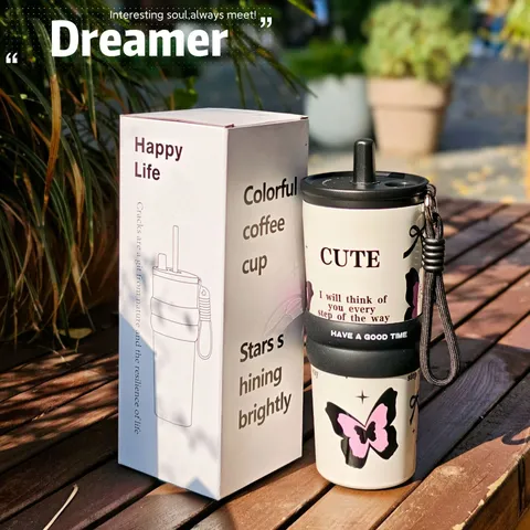 Cute Cartoon Animal Printed Stainless Steel Vacuum Insulated Tumbler With Straw Carrying Rope Portable Mug For Car Office Travel