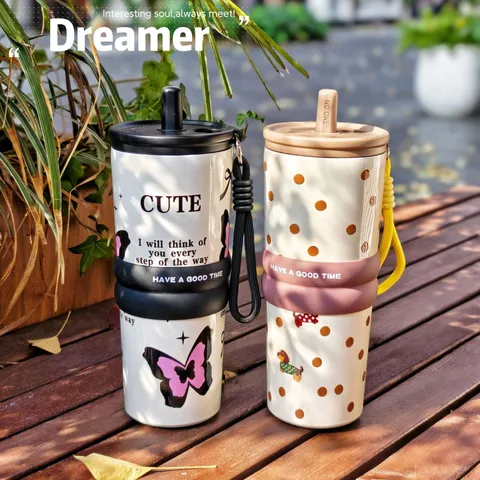 Cute Cartoon Animal Printed Stainless Steel Vacuum Insulated Tumbler With Straw Carrying Rope Portable Mug For Car Office Travel