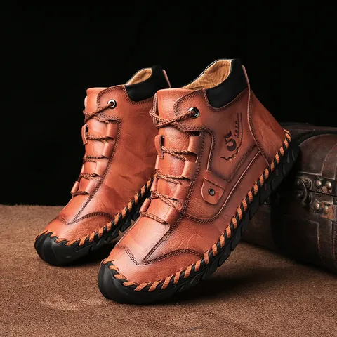 Men Retro Genuine Leather Martin Boots Hand-Stitched Business Casual Mid-Calf Work Boots Outdoor Anti-Slip Soft Sole Shoes