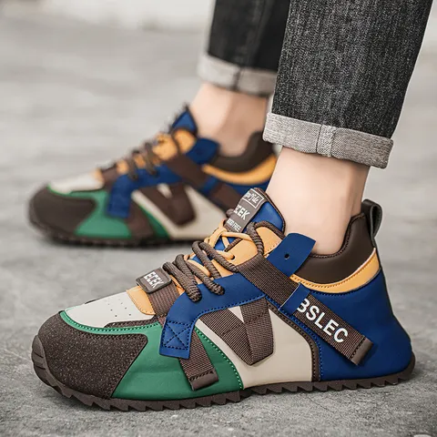 Men's Color-Block Fashion Sneakers Outdoor Breathable Running Shoes Casual Sports Shoes Multi-Material Splicing Rubber Sole