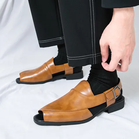 Sandalias Casuales de Negocios para Hombre Estilo Británico Zapatos de Cuero Dividido con Hebilla y Punta Abierta Moda de Verano Marrón Negro