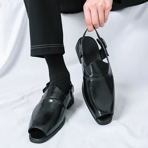 Sandalias Casuales de Negocios para Hombre Estilo Británico Zapatos de Cuero Dividido con Hebilla y Punta Abierta Moda de Verano Marrón Negro
