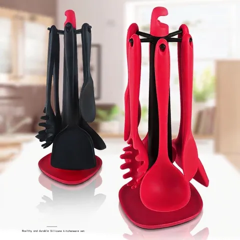 Juego de Utensilios de Cocina de Silicona Antiadherente Resistente al Calor Espátula Cucharón Servidor de Pasta Con Estante de Almacenamiento