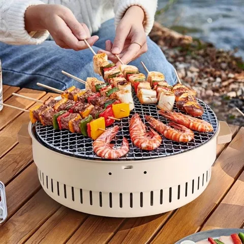 Portable Charcoal Barbecue Grill Set With Wooden Handle Iron Stainless Steel Mesh Multi-functional Indoor Outdoor Camping Tea Stove