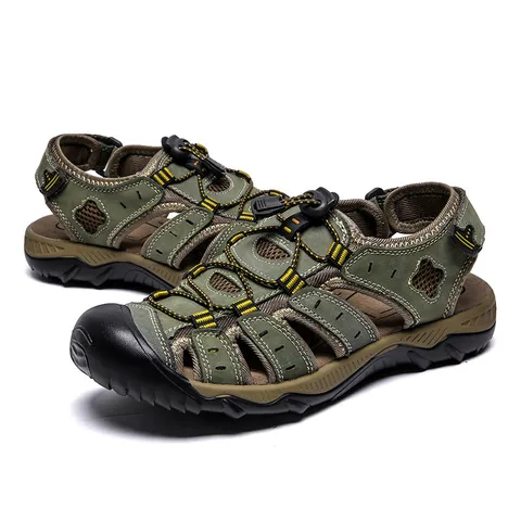 Heren Outdoor Gesloten Teen Sandalen Echt Rundleder Ademend Mesh Strand Wandelschoenen Antibotsing Antislip Casual Zomer Schoenen