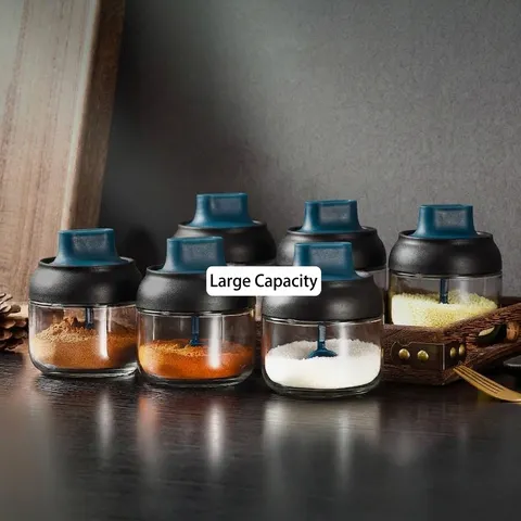 Integrated Spoon Cover Seasoning Jar Moisture Proof Glass Spice Jar Transparent Large Capacity Kitchen Condiment Bottle With Oil Brush