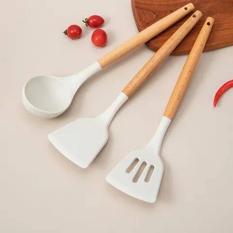 White Silicone Spatula Ladle With Beech Wood Handle Heat Resistant Non-Stick Kitchen Cooking Spoon Slotted Turner Utensils