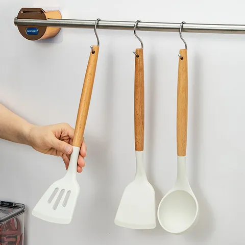 White Silicone Spatula Ladle With Beech Wood Handle Heat Resistant Non-Stick Kitchen Cooking Spoon Slotted Turner Utensils