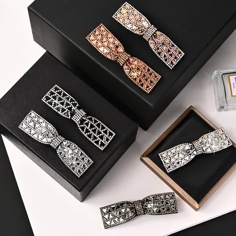 Women's Elegant Bow Knot Full Rhinestone Hair Clip Geometric Triangle Inlaid Spring Clip Korean Style Fashion Hair Jewelry