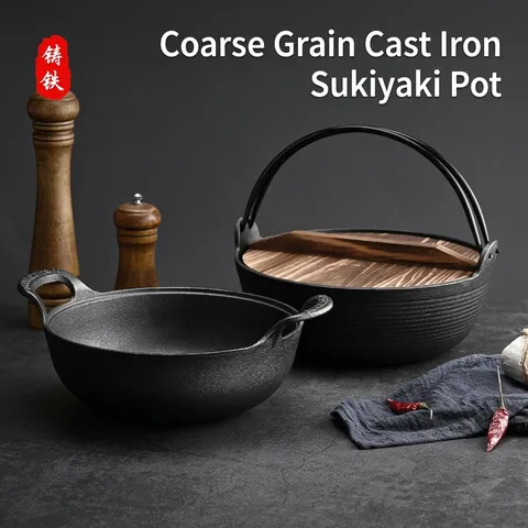 Japanese Style Cast Iron Sukiyaki Pot Non-Stick Stew Pot With Wooden Lid Thickened Cast Iron Soup Pot For Home Cookware