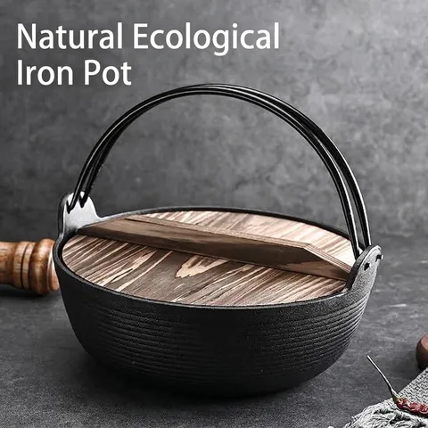 Japanese Style Cast Iron Sukiyaki Pot Non-Stick Stew Pot With Wooden Lid Thickened Cast Iron Soup Pot For Home Cookware