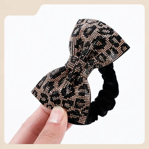 Vintage Bowknot Rhinestone Hair Ties Velvet Scrunchies Full Crystal Leopard Pattern Bow Elastic Ponytail Holder Hair Accessories For Women