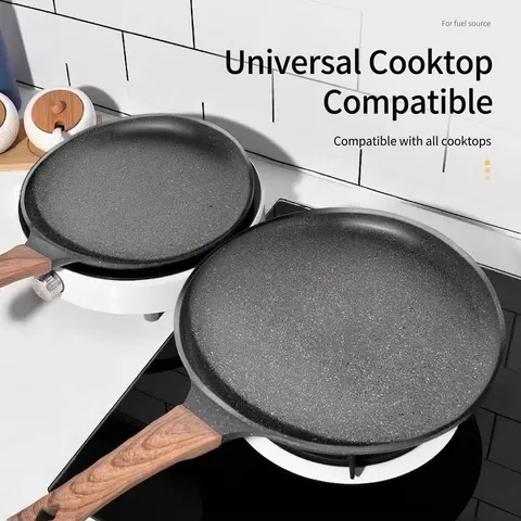 Non-stick Aluminum Alloy Crepe Frying Pan With Maifan Stone Coating Wood-Look Handle Pancake Pan For Induction Gas Stove