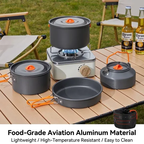 Portable Aluminum Alloy Camping Cookware Set Outdoor Pot Pan Kettle With Folding Handle For Picnic Hiking Backpacking Survival Cooking Gear