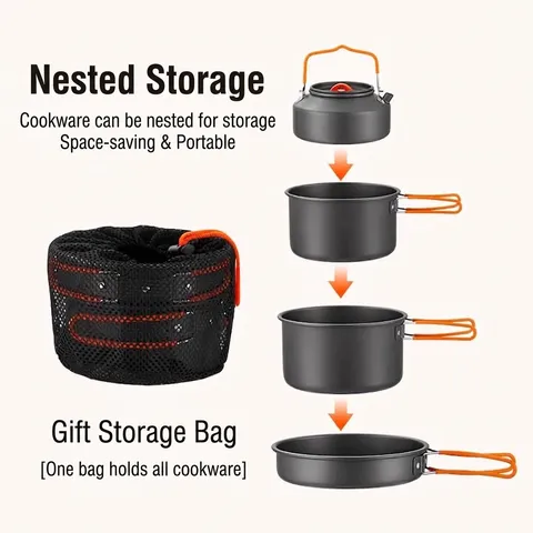 Portable Aluminum Alloy Camping Cookware Set Outdoor Pot Pan Kettle With Folding Handle For Picnic Hiking Backpacking Survival Cooking Gear
