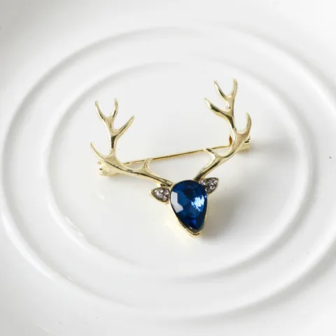Gold Tone Alloy Elk Deer Brooch Pin With Blue Synthetic Gemstone And White Rhinestones Fashion Suit Jewelry Accessory