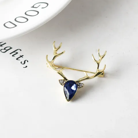 Gold Tone Alloy Elk Deer Brooch Pin With Blue Synthetic Gemstone And White Rhinestones Fashion Suit Jewelry Accessory