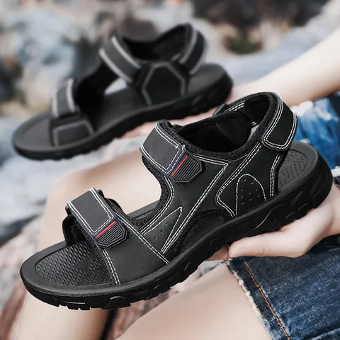 Heren Casual Lederen Sandalen Zomer Outdoor Ademend Strand Schoenen Klittenband Antislip Comfortabel Schoenwerk