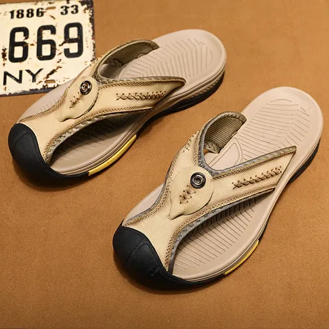 Heren Echt Lederen Outdoor Sandalen Zomer Casual Antislip Strand Teenlippers Ademend