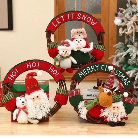 Christmas Wreath Wall Hanging Plush Santa Snowman Reindeer Rattan Vine Ring Festival Home Decor Hanging Ornament