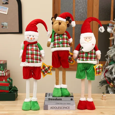 Retro Plaid Christmas Telescopic Leg Doll Santa Claus Snowman Reindeer Plush Figure For Home Xmas Window Party Decoration Ornament