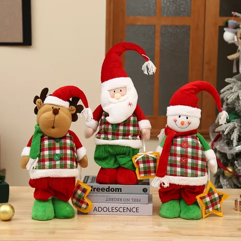 Retro Plaid Christmas Telescopic Leg Doll Santa Claus Snowman Reindeer Plush Figure For Home Xmas Window Party Decoration Ornament