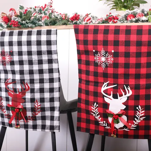 Christmas Plaid Chair Covers Non-Woven Seat Covers With Deer Head Snowflake Bow Bell Printed For Holiday Party Home Decoration
