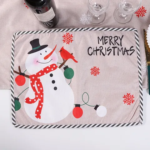 Christmas Linen Blend Table Mat Santa Claus Snowman Printed Placemats For Dining Table Xmas Home Party Decorative Mats