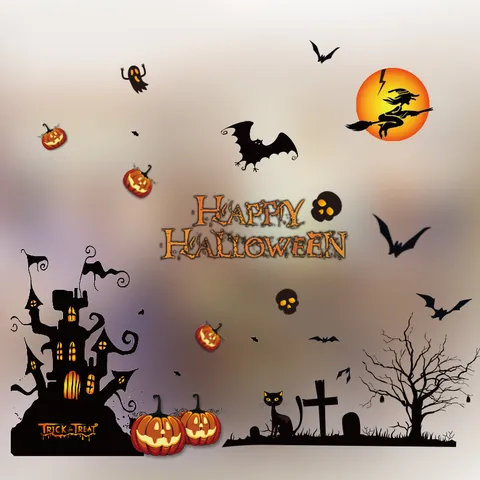Halloween Statische Fensteraufkleber PVC Dekorbögen Kürbis Geist Schloss Fledermaus Skelett Für Heim Mall Hotel Schaufenster Party Deko