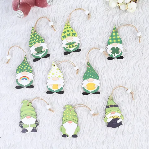 St Patrick Day Wooden Gnome Hanging Ornaments Green Clover Swedish Leprechaun Wood Slices Pendant With Twine For Irish Festival Party Home Decoration
