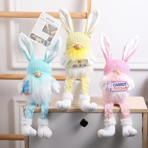 Pasen Gezichtsloze Kabouter Pluche Pop Ornament Schattig Konijnenoren Lange Benen Breien Hoed Zweedse Dwerg Tafel Huis Feestdecoratie
