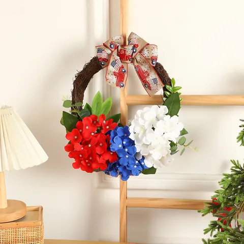 US Independence Day Wreath Red White Blue Hydrangea Wreath With Burlap Bow Stars Stripes Truck Pattern For Front Door Wall Decor